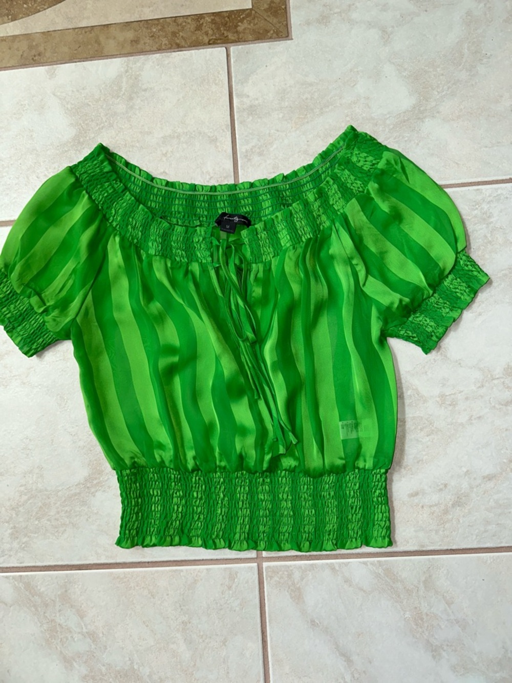 Women's Green Off-Shoulder Smocked Waist Sheer Blouse